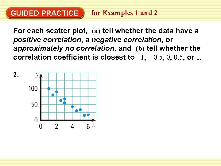 GUIDED PRACTICE for Examples 1 and 2 For each scatter plot, (a) tell whether