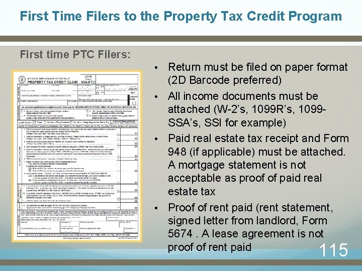 First Time Filers to the Property Tax Credit Program First time PTC Filers: Return