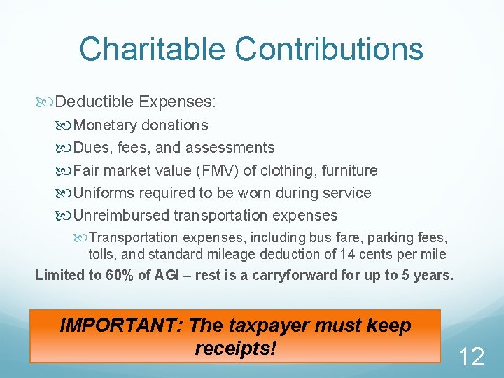 Charitable Contributions Deductible Expenses: Monetary donations Dues, fees, and assessments Fair market value (FMV)