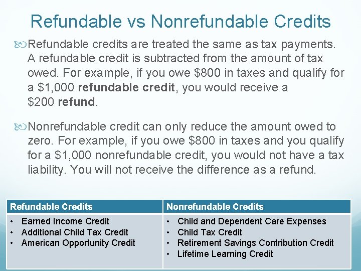Refundable vs Nonrefundable Credits Refundable credits are treated the same as tax payments. A