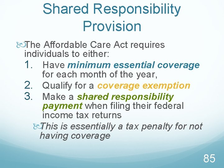 Shared Responsibility Provision The Affordable Care Act requires individuals to either: 1. Have minimum