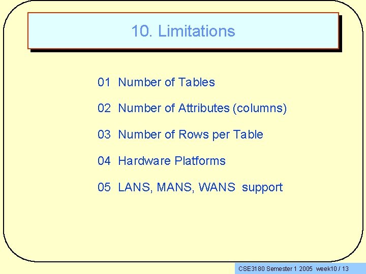 10. Limitations 01 Number of Tables 02 Number of Attributes (columns) 03 Number of