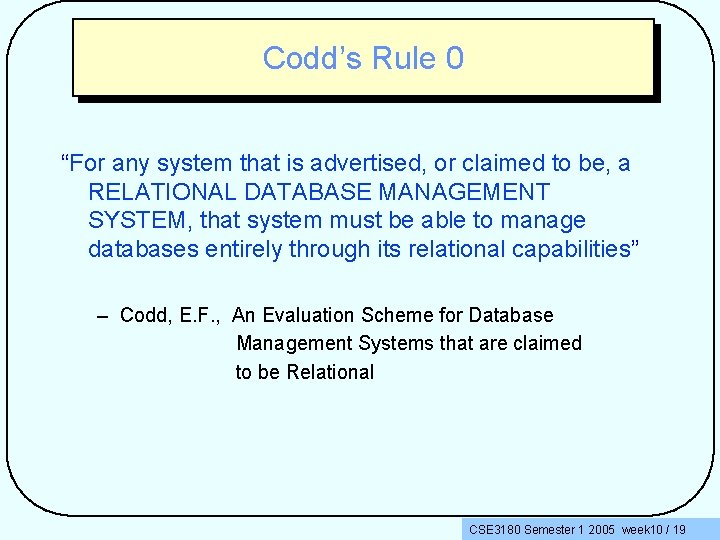 Codd’s Rule 0 “For any system that is advertised, or claimed to be, a