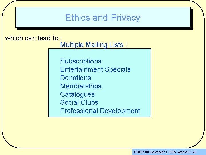Ethics and Privacy which can lead to : Multiple Mailing Lists : Subscriptions Entertainment
