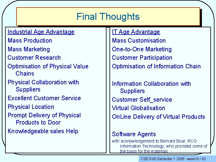 Final Thoughts Industrial Age Advantage Mass Production Mass Marketing Customer Research Optimisation of Physical