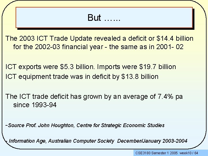 But …. . . The 2003 ICT Trade Update revealed a deficit or $14.