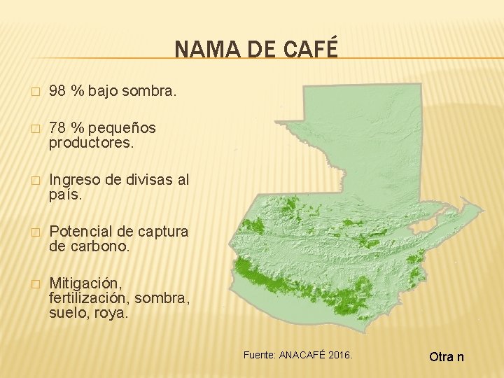 NAMA DE CAFÉ � 98 % bajo sombra. � 78 % pequeños productores. �