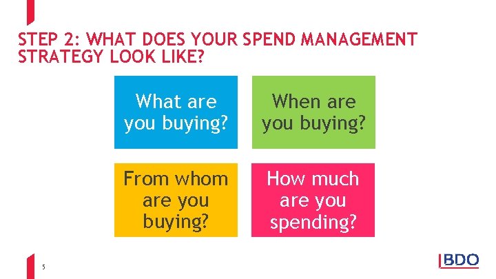 STEP 2: WHAT DOES YOUR SPEND MANAGEMENT STRATEGY LOOK LIKE? 5 What are you