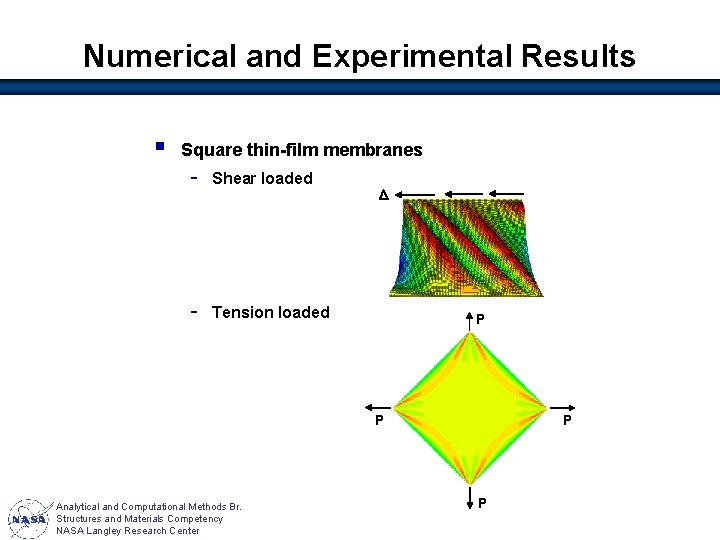 Numerical and Experimental Results § Square thin-film membranes - Shear loaded - Tension loaded