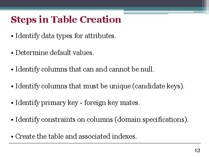 Steps in Table Creation • Identify data types for attributes. • Determine default values.