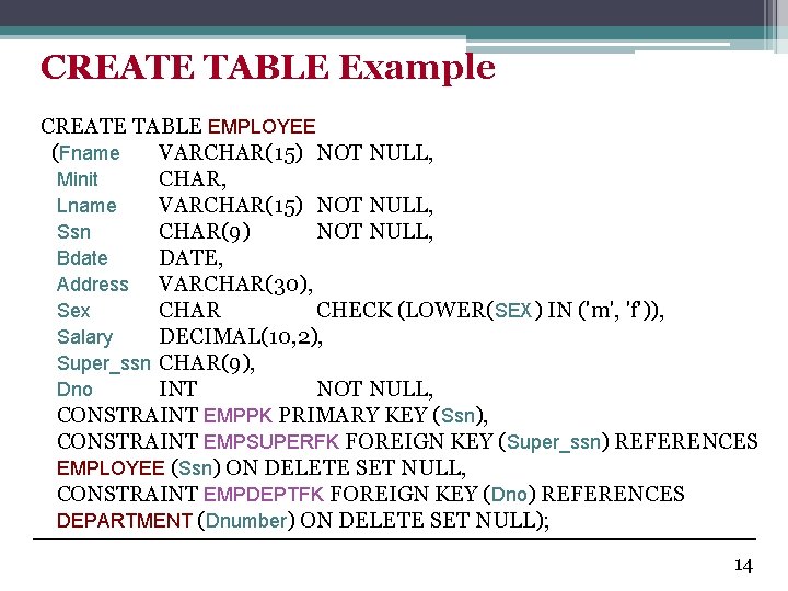 CREATE TABLE Example CREATE TABLE EMPLOYEE (Fname VARCHAR(15) NOT NULL, Minit CHAR, Lname VARCHAR(15)