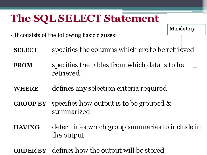 The SQL SELECT Statement Mandatory • It consists of the following basic clauses: SELECT