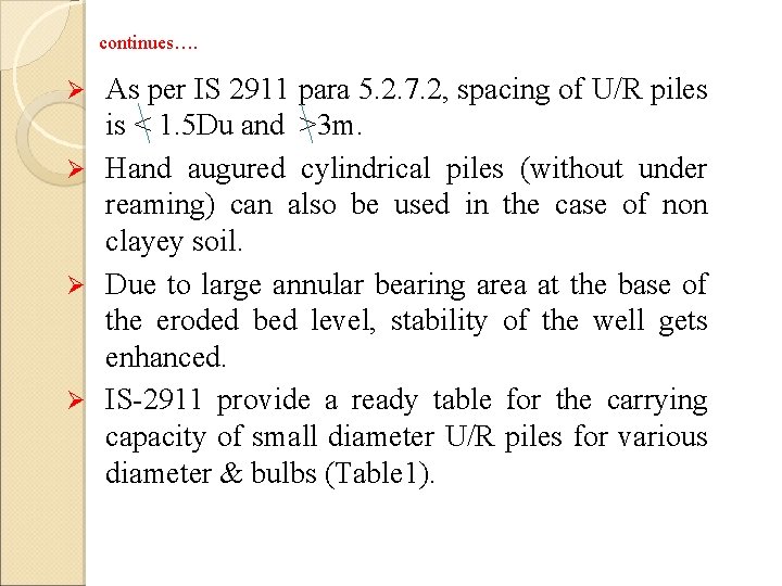 continues…. As per IS 2911 para 5. 2. 7. 2, spacing of U/R piles