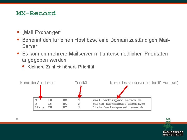 MX-Record • • • „Mail Exchanger“ Benennt den für einen Host bzw. eine Domain