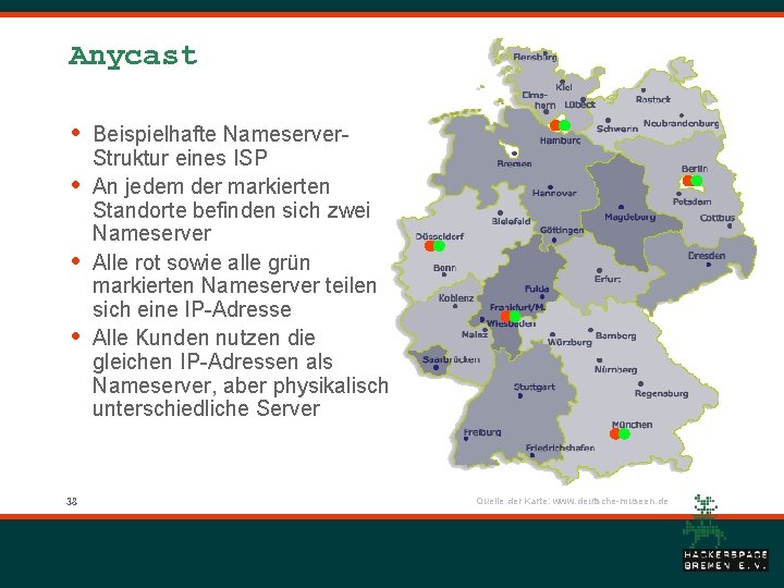 Anycast • • 38 Beispielhafte Nameserver. Struktur eines ISP An jedem der markierten Standorte