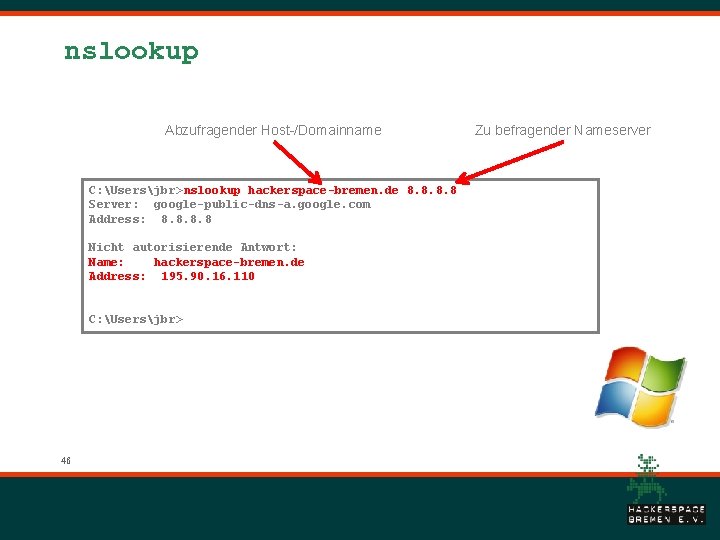 nslookup Abzufragender Host-/Domainname C: Usersjbr>nslookup hackerspace-bremen. de 8. 8 Server: google-public-dns-a. google. com Address: