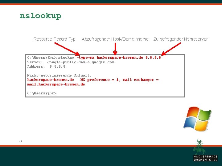 nslookup Resource Record Typ Abzufragender Host-/Domainname Zu befragender Nameserver C: Usersjbr>nslookup -type=mx hackerspace-bremen. de