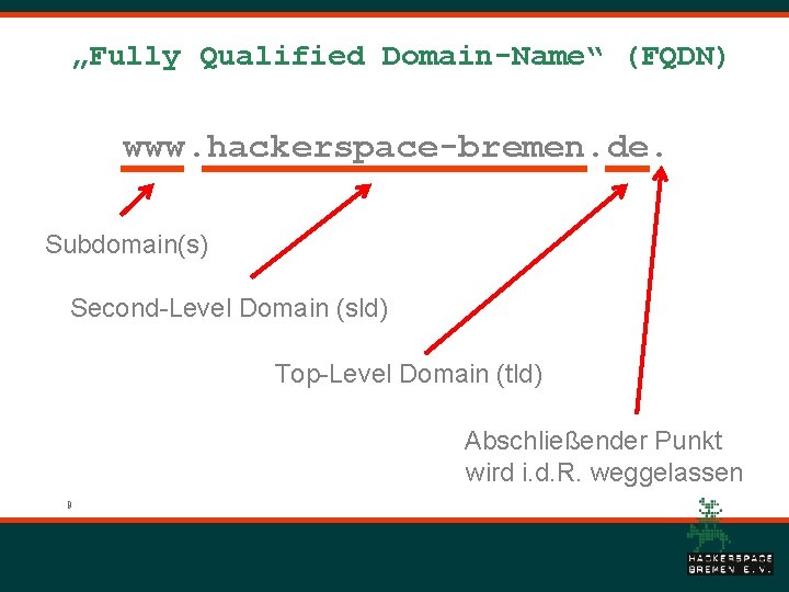 „Fully Qualified Domain-Name“ (FQDN) www. hackerspace-bremen. de. Subdomain(s) Second-Level Domain (sld) Top-Level Domain (tld)