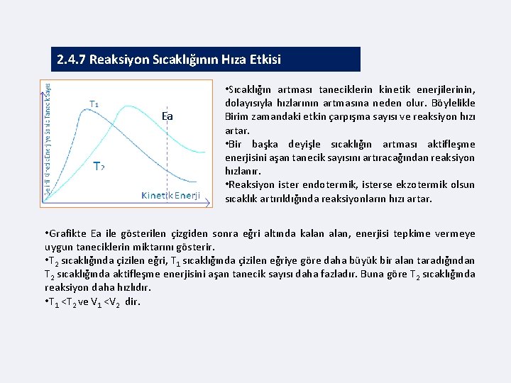 2. 4. 7 Reaksiyon Sıcaklığının Hıza Etkisi Ea • Sıcaklığın artması taneciklerin kinetik enerjilerinin,