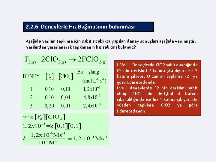 2. 2. 6 Deneylerle Hız Bağıntısının bulunması Aşağıda verilen tepkime için sabit sıcaklıkta yapılan