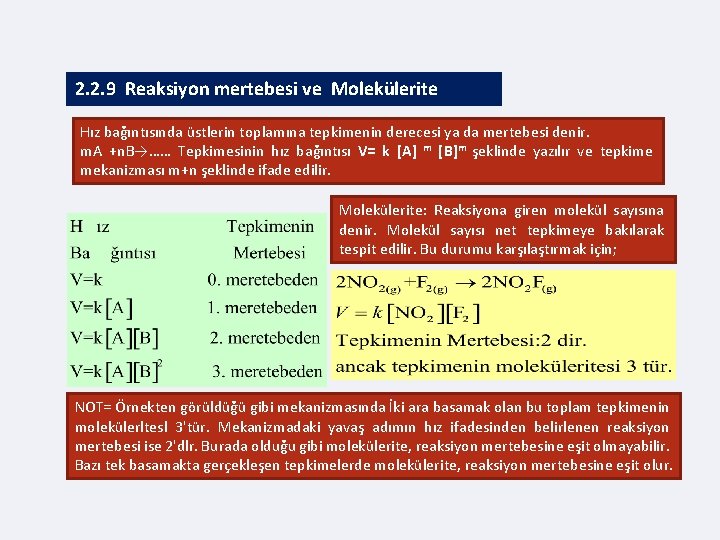 2. 2. 9 Reaksiyon mertebesi ve Molekülerite Hız bağıntısında üstlerin toplamına tepkimenin derecesi ya