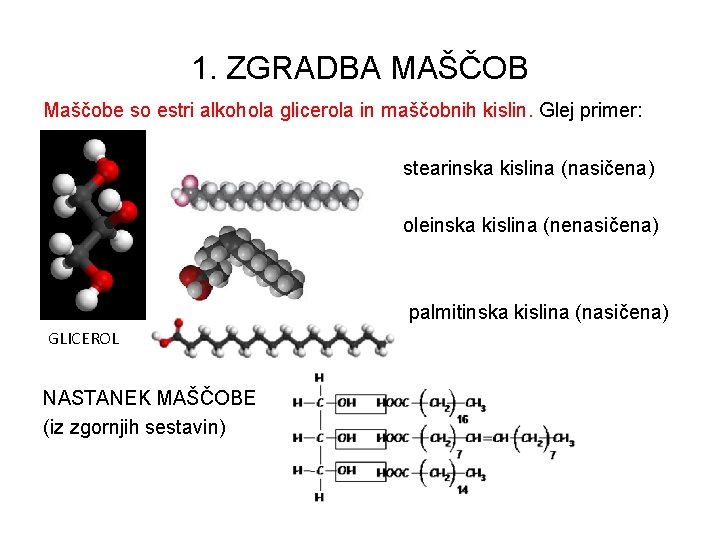 1. ZGRADBA MAŠČOB Maščobe so estri alkohola glicerola in maščobnih kislin. Glej primer: stearinska