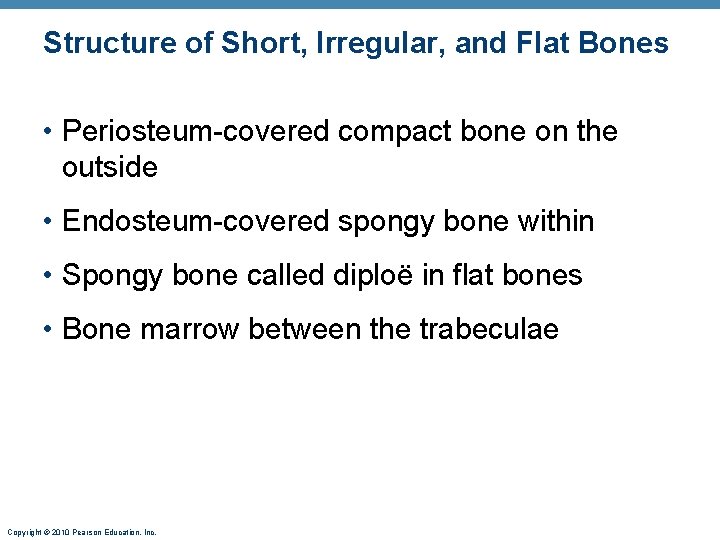 Structure of Short, Irregular, and Flat Bones • Periosteum-covered compact bone on the outside