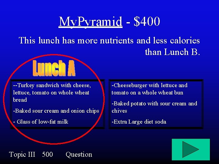 My. Pyramid - $400 This lunch has more nutrients and less calories than Lunch