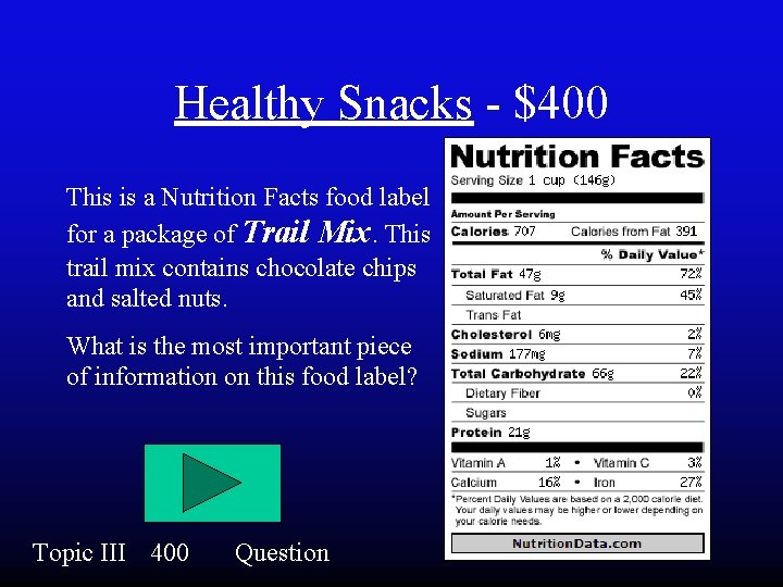 Healthy Snacks - $400 This is a Nutrition Facts food label for a package