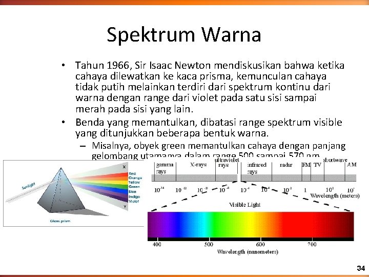 Spektrum Warna • Tahun 1966, Sir Isaac Newton mendiskusikan bahwa ketika cahaya dilewatkan ke