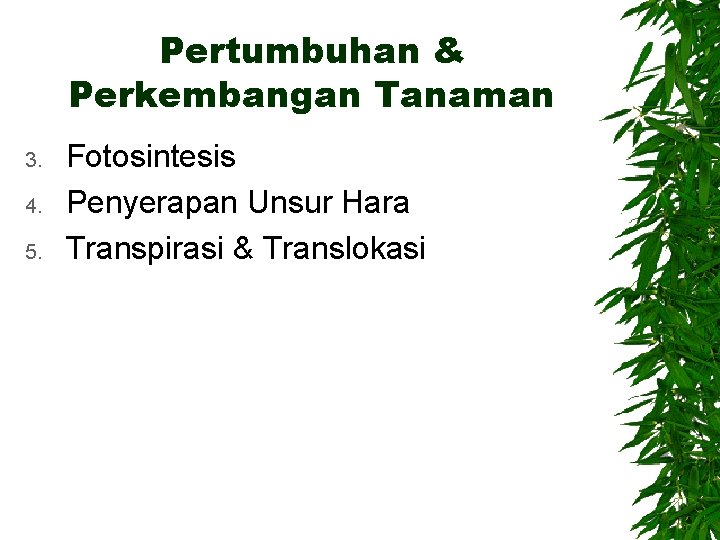 Pertumbuhan & Perkembangan Tanaman 3. 4. 5. Fotosintesis Penyerapan Unsur Hara Transpirasi & Translokasi