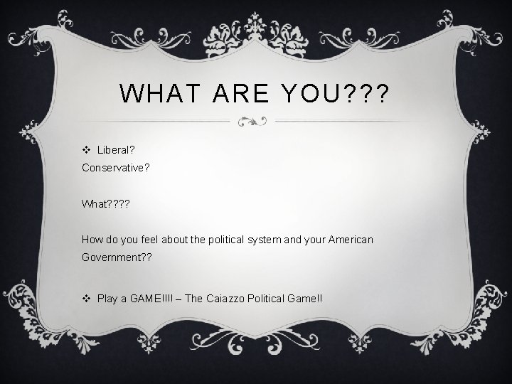 WHAT ARE YOU? ? ? v Liberal? Conservative? What? ? How do you feel