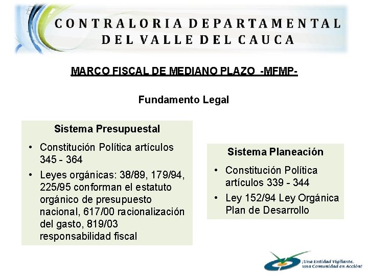 MARCO FISCAL DE MEDIANO PLAZO -MFMPFundamento Legal Sistema Presupuestal • Constitución Política artículos 345
