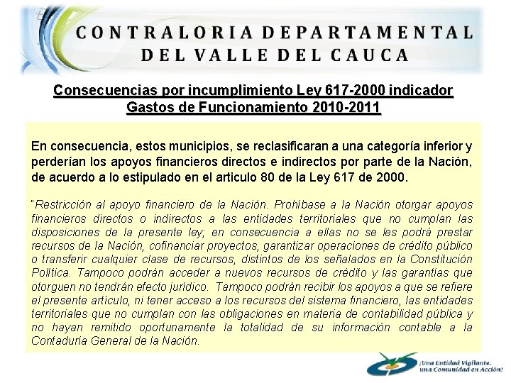  Consecuencias por incumplimiento Ley 617 -2000 indicador Gastos de Funcionamiento 2010 -2011 En