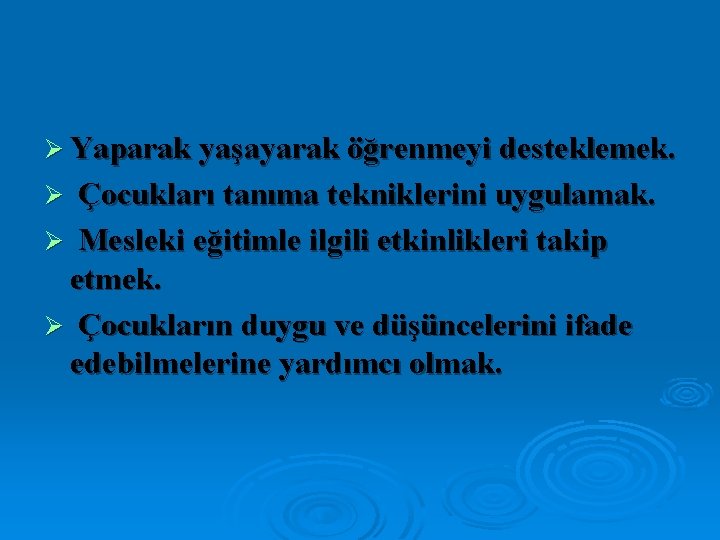 Ø Yaparak yaşayarak öğrenmeyi desteklemek. Çocukları tanıma tekniklerini uygulamak. Ø Mesleki eğitimle ilgili etkinlikleri