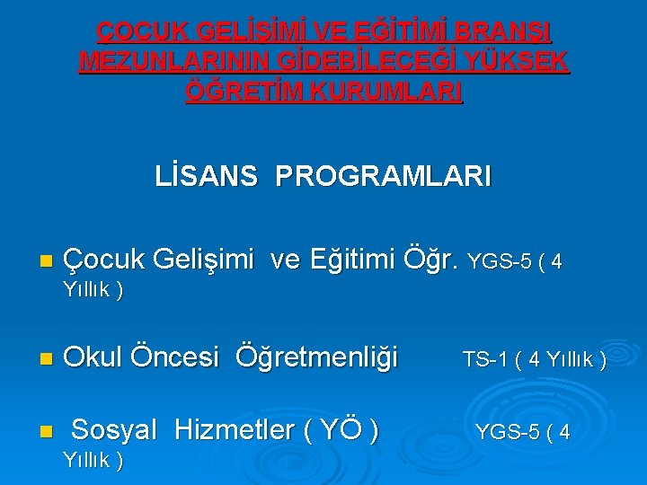 ÇOCUK GELİŞİMİ VE EĞİTİMİ BRANŞI MEZUNLARININ GİDEBİLECEĞİ YÜKSEK ÖĞRETİM KURUMLARI LİSANS PROGRAMLARI n Çocuk