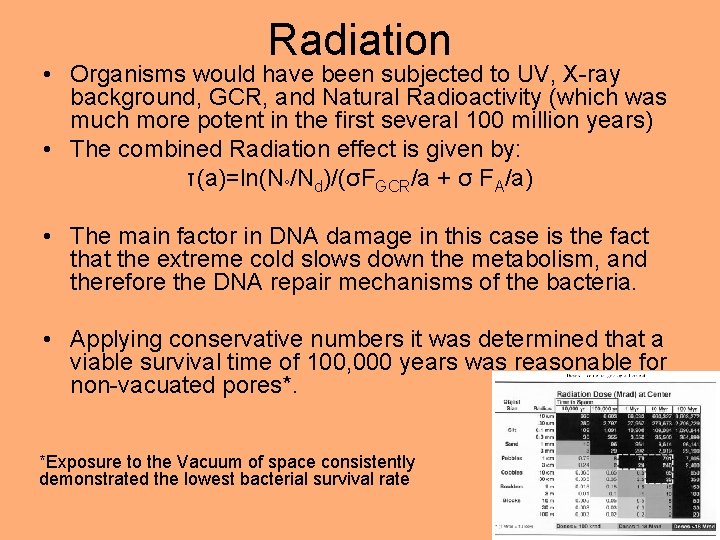 Radiation • Organisms would have been subjected to UV, X-ray background, GCR, and Natural