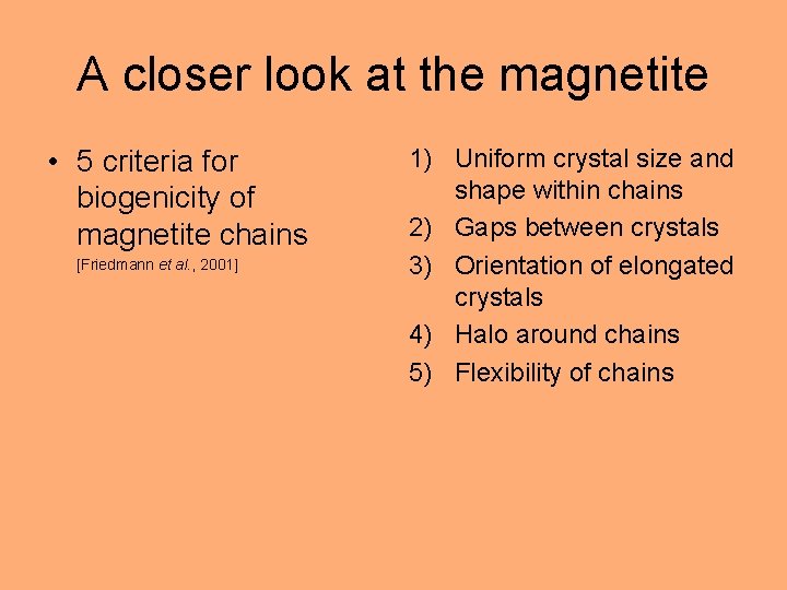 A closer look at the magnetite • 5 criteria for biogenicity of magnetite chains