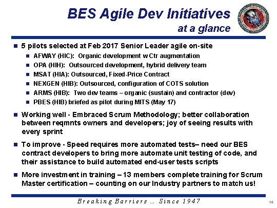 BES Agile Dev Initiatives at a glance n 5 pilots selected at Feb 2017