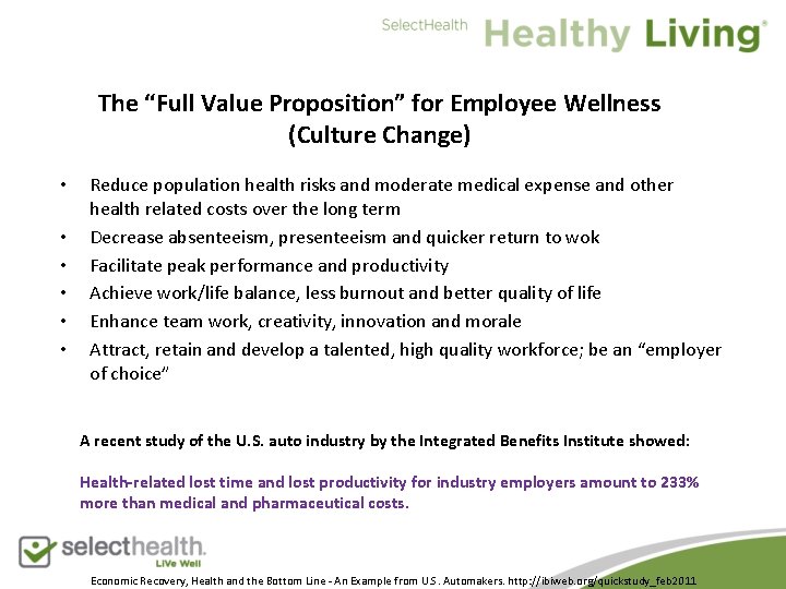 The “Full Value Proposition” for EHM The “Full Value Proposition” for Employee Wellness (Culture