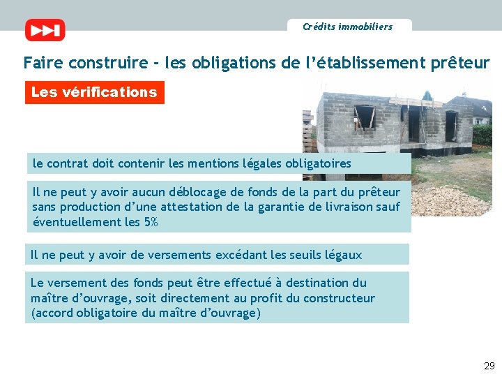 Crédits immobiliers Faire construire - les obligations de l’établissement prêteur Les vérifications le contrat