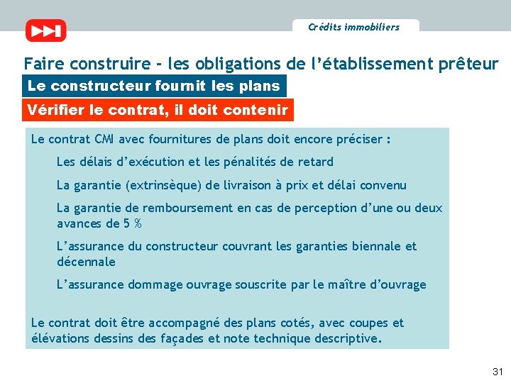 Crédits immobiliers Faire construire - les obligations de l’établissement prêteur Le constructeur fournit les