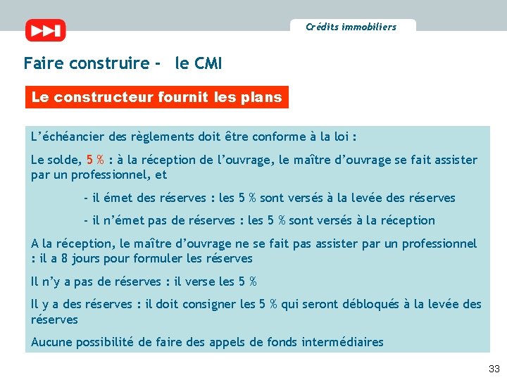 Crédits immobiliers Faire construire - le CMI Le constructeur fournit les plans L’échéancier des