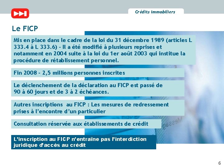 Crédits immobiliers Le FICP Mis en place dans le cadre de la loi du