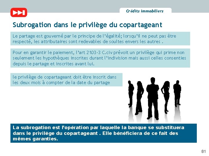 Crédits immobiliers Subrogation dans le privilège du copartageant Le partage est gouverné par le