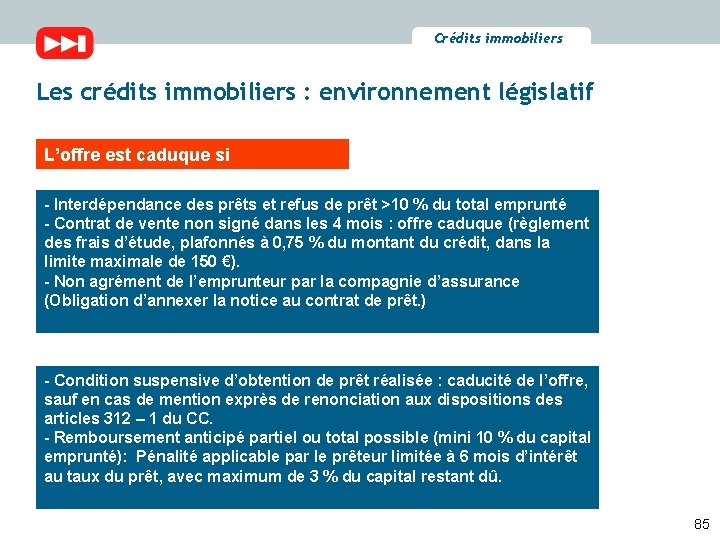 Crédits immobiliers Les crédits immobiliers : environnement législatif L’offre est caduque si - Interdépendance