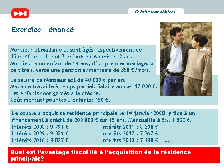 Crédits immobiliers Exercice - énoncé Monsieur et Madame L. sont âgés respectivement de 45