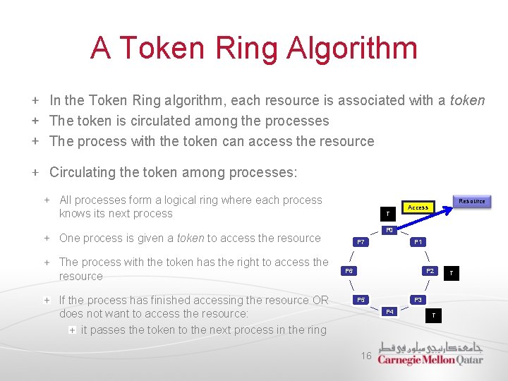 A Token Ring Algorithm In the Token Ring algorithm, each resource is associated with