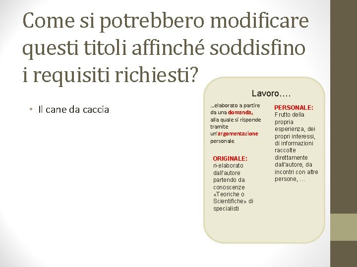 Come si potrebbero modificare questi titoli affinché soddisfino i requisiti richiesti? Lavoro…. • Il