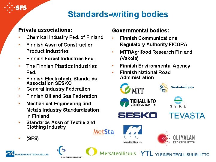 Standards-writing bodies Private associations: Governmental bodies: • Chemical Industry Fed. of Finland • •